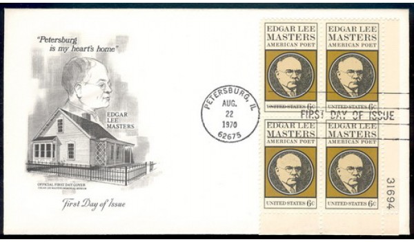 1405 Edgar Lee Masters Memorial Museum, First, Plate Block of 4