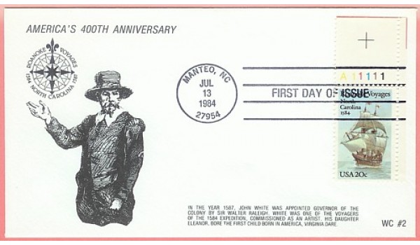 2093 WC205 Roanoke Voyages, FDOI Plate # Single