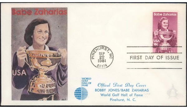 1932 Babe Zaharias, World Golf Hall of Fame, FIRST, Pinehurst, NC; Full color cachet WITHOUT Pinehurst logo